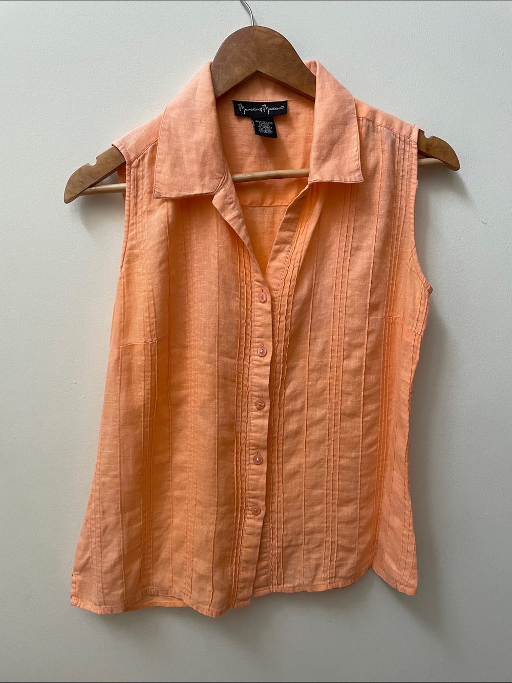 100% Linen Sleeveless Button-Front Pintuck Top - Peach